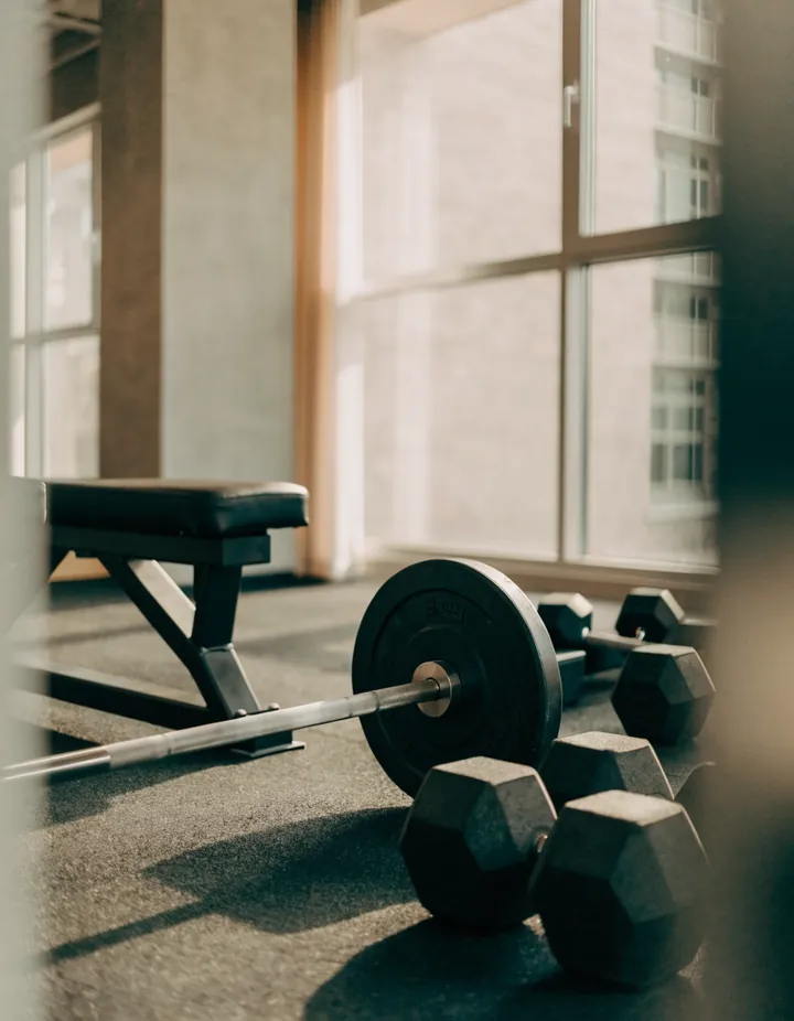 Weights on a gym floor in morning light.