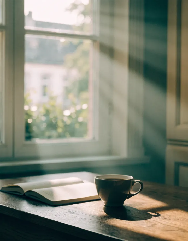 Morning light on a kitchen table with a book and a cup.